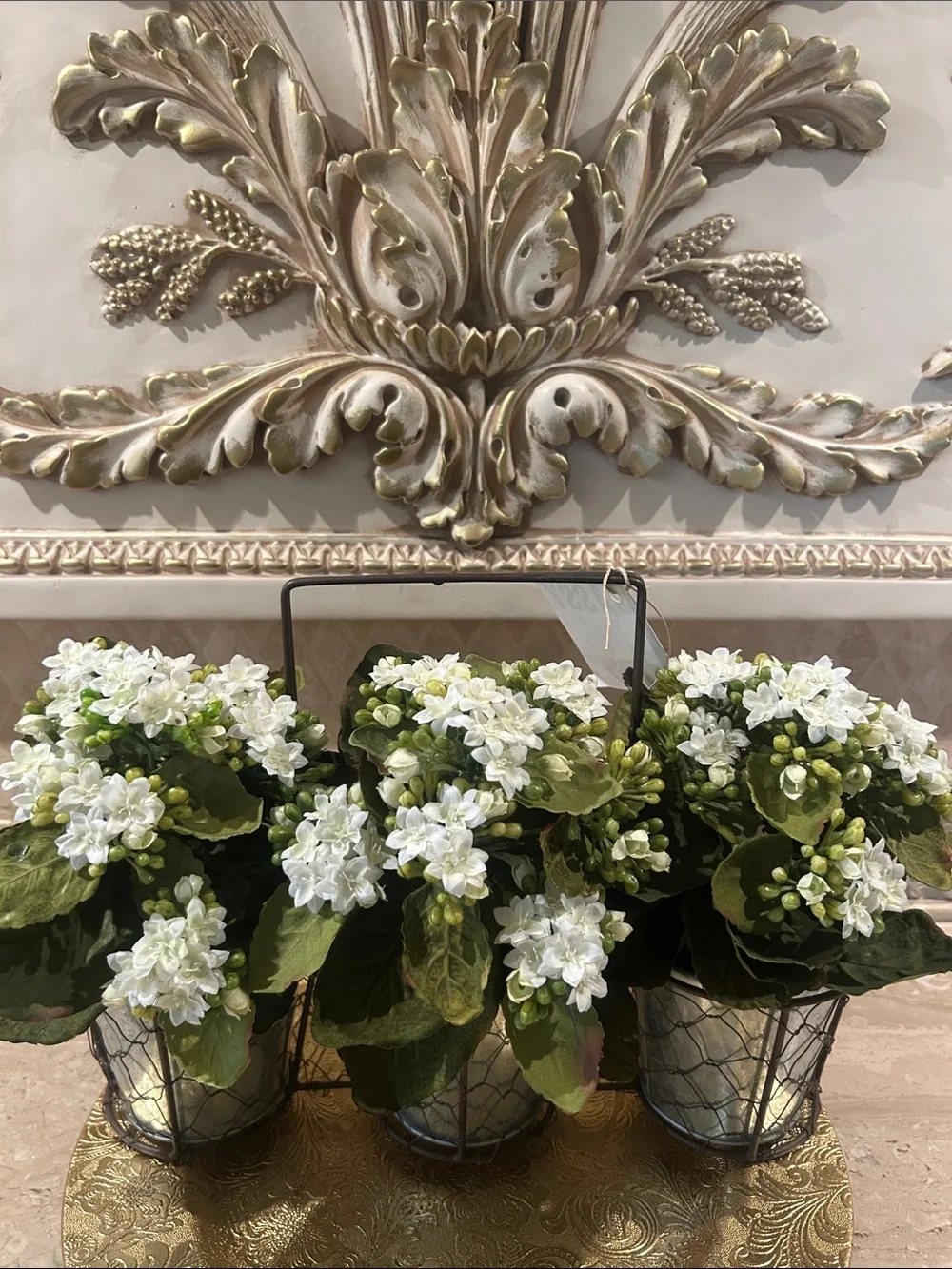 NWT Decorative White Kalanchoe Trio in Wire Buckets -